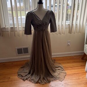 Teri Jon Olive Green and Taupe Maxi Dress with Rosette Waist
